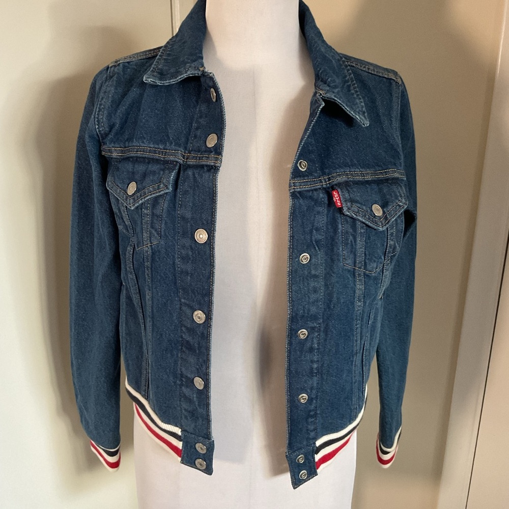 Levi's Original Rib Trim Trucker Jacket Small S Indigo Denim Striped Hem Cuffs - Picture 2 of 6